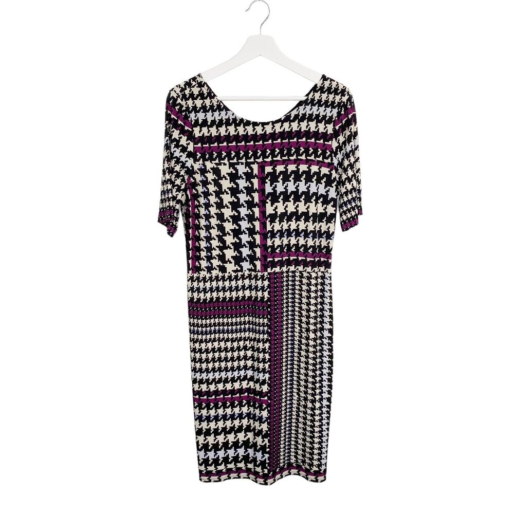 danny and nicole Dress‎ Womens Size Large Black Purple Houndstoothe Short Sleeve